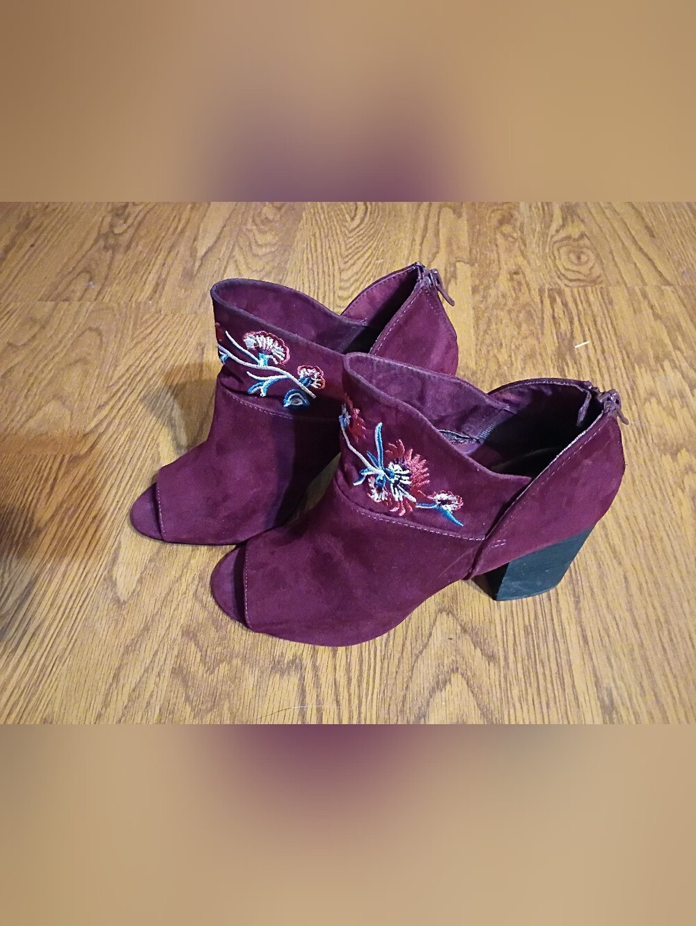Carlos by Carlos Santana Burgundy Suede Embroidered Peep-Toe Booties